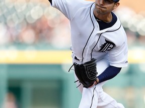 Anibal Sanchez of the Detroit Tigers throws a first-inning pitch while playing the Atlanta Braves at Comerica Park. (Photo by Gregory Shamus/Getty Images)