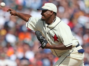 Jose Valverde of the Detroit Tigers pitches in the ninth inning against the Atlanta Braves at Comerica Park. (Photo by Leon Halip/Getty Images)