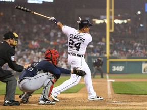 Detroit's Miguel Cabrera hits a three-run homer in the seventh inning against the Atlanta Braves at Comerica Park. (Photo by Leon Halip/Getty Images)