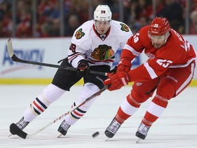 Chicago's Jimmy Hayes, left, checks Detroit's Brian Lashoff at Joe Louis Arena. (Photo by Tom Szczerbowski/Getty Images)