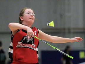 Courtney Palin of St. Jean Baptise in Amherstburg, returns the birdie during the French Catholic School Board Elementary Badminton Tournament at the St. Denis Centre  on April 11, 2013.   Athletes from 20 schools from across Ontario participated in the tournament.  (JASON KRYK/The Windsor Star)