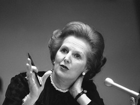 In this June 23, 1982 file photo, Britain's Prime Minister Margaret Thatcher gestures with her pen as she answers a reporters question during a news conference at the United Nations. Ex-spokesman Tim Bell says that Thatcher has died. She was 87. Bell said the woman known to friends and foes as "the Iron Lady" passed away Monday morning, April 8, 2013. (AP Photo/File)