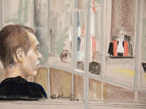 Alleged killer Luka Rocco Magnotta is seen in court in a artist drawing Wednesday, January 9, 2013 in Montreal. Magnotta, accused of killing and dismembering a Chinese student, was treated for paranoid schizophrenia, though his psychiatrist said he didn't always take his medication. THE CANADIAN PRESS/Mike McLaughlin