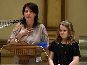 Adult ambassador Stacey Sorrentino and her daughter Brooke, who is the youth ambassador, speak during the kickoff for the JDRF Walk to Cure Diabetes at the Ciociaro Club in Windsor on Thursday, April 18, 2013. (TYLER BROWNBRIDGE/The Windsor Star)