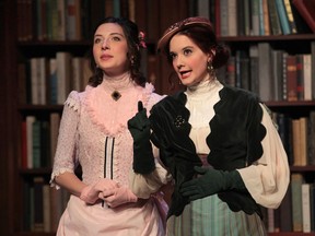 Gracie Robbin, left, and Karina Lynn rehearse a scene from the University Players' production of The Importance of Being Earnest at the University of Windsor. (DAN JANISSE / The Windsor Star)