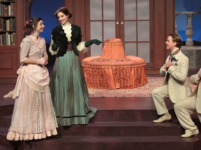 Gracie Robbin, left, Karina Lynn, Bart Hoxha and Keenan Bourke rehearse a scene from the University Players production of The Importance of Being Earnest. (DAN JANISSE  / The Windsor Star)