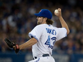 Blue Jays starter R.A. Dickey pitches during the first inning against the Cleveland Indians at Rogers Centre in Toronto April 2, 2013. (Tyler Anderson/National Post)