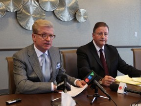 Windsor lawyer Greg Monforton and co-counsel Robert Darling of Michigan speak on the I-75 crash that took the lives of 7-year-old Aidan Hicks and 9-year-old Gabrielle Greenwood. The lawyers allege the fatal accident was the result of the poor condition of a transport truck and the error of its driver. Photographed April 16, 2013, in Windsor, Ont. (Dylan Kristy / The Windsor Star)
