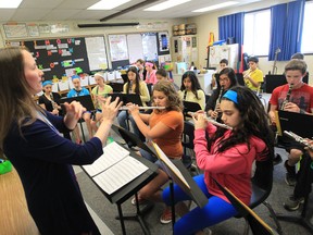 Teacher Kelly Webster leads the Grade seven Southwood Public School students  during music class at the South Windsor school on April 30, 2013. (JASON KRYK/The Windsor Star)