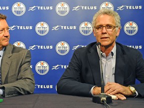 Former Edmonton Oilers general manager Steve Tambellini (left) and Craig MacTavish (right) are pictured in this 2012 file photo. (Larry Wong, Edmonton Journal)