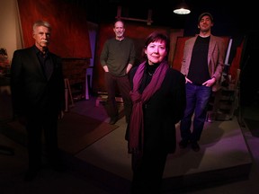 Barry Brodie, left, Phil McLeod, Lorraine Steele and Jeff Bastien are photographed on the set of Red at the Sho Art and Performance Studio in Windsor. (TYLER BROWNBRIDGE / The Windsor Star)