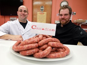 Brad March and award winning sausage maker Rob Bornais (right) are photographed at Primo's Delictessen in Windsor on Tuesday, April 23, 2013. March is allowing Bornais to make his sausages in his kitchen and will sell them in his shop as well.                            (TYLER BROWNBRIDGE/The Windsor Star)