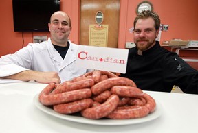 Brad March and award winning sausage maker Rob Bornais (right) are photographed at Primo's Delictessen in Windsor on Tuesday, April 23, 2013. March is allowing Bornais to make his sausages in his kitchen and will sell them in his shop as well.                            (TYLER BROWNBRIDGE/The Windsor Star)