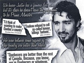 Part of a flyer targeting Justin Trudeau. Prime Minister Stephen Harper says there's nothing wrong with the Conservatives using taxpayer dollars to finance a bulk mail campaign against Trudeau.. (The Canadian Press files)