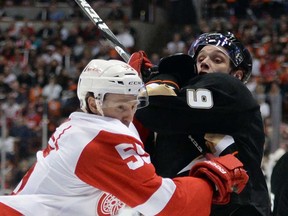 Anaheim's Bobby Ryan, right, battles Detroit's Niklas Kronwall in Game 1 of the Western Conference quarter-finals at Honda Center on April 30, 2013 in Anaheim, California.  (Photo by Harry How/Getty Images)