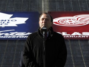 In this Feb. 9, 2012 file photo, NHL commissioner Gary Bettman announces the NHL Winter Classic hockey game at Michigan Stadium in Ann Arbor, Mich. The Toronto Maple Leafs will play the Detroit Red Wings in the NHL's 2014 Winter Classic, a year after the game was originally scheduled.Michigan Stadium will host the game Jan. 1. THE CANADIAN PRESS/AP-Paul Sancya