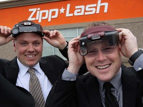 Marc Larochelle, left, and Jason Carruthers have their magnifiers ready at their latest location at 33 Amy Croft Drive in Lakeshore, Wednesday April 24, 2013.  Zipp Lash personnel apply artificial eyelashes one-by-one using fine instruments. (NICK BRANCACCIO/The Windsor Star)