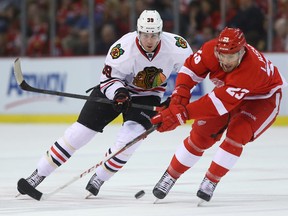 Detroit's Brian Lashoff eludes Chicago's Jimmy Hayes during NHL action at Joe Louis Arena on March 31, 2013. Lashoff has been added to the Wings' lineup for tonight's Game 3 against the Anaheim Ducks. (Photo by Tom Szczerbowski/Getty Images)