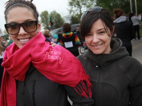 Maribeth DeMarco, left, and Tanya Allison, get ready for the LifeWalk for Hospice at the Riverside Sportsmen Club, Saturday, May 11,  2013. The two were walking for Team Peachy, in support of Beth England. (DAX MELMER/The Windsor Star)
