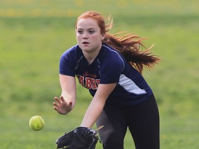 Sandwich's Baily Dell catches a fly ball during the slo-pitch game against St. Anne at the Vollmer Complex in LaSalle. (Jason Kryk/The Windsor Star)