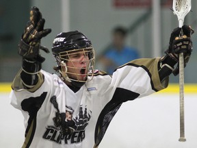 Windsor's Trevor Learn celebrates a goal against the London Blue Devils at the Forest Glade Arena last year. (DAN JANISSE/The Windsor Star)