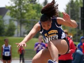 Tia Calderon of St. Joseph competes in the women's long jump at Alumni Field Tuesday. (NICK BRANCACCIO/The Windsor Star)