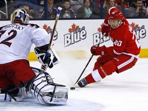 Detroit's Drew Miller, right, takes a shot on Columbus goalie Sergei Bobrovsky at Nationwide Arena. (Photo by Kirk Irwin/Getty Images)