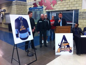 The jersey and logo of the Amherstburg Admirals Junior C hockey team were unveiled at a press conference in Amherstburg Thursday. (TwitPic: Jason Kryk/The Windsor Star)