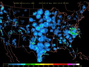 In this image taken at 11:41 p.m. CST we see migration in full swing across the country, with the heaviest migration occurring along the Central Flyway from Texas to Minnesota (and southeast Ontario and southwest Manitoba). Migration looks like circles of reflectivity (blues and some greens; 5-25 decibels, or dBZ) around each radar station. Interpreting the radar takes a little work. (Handout/The Windsor Star)