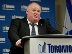 Toronto mayor Rob Ford speaks to the media in his office while addressing allegations that he smoked crack cocaine in Toronto, Ontario, May 24, 2013. (Tyler Anderson/National Post)
