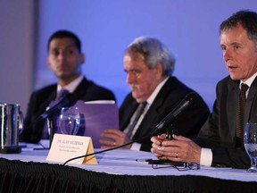 Windsor Mayor Eddie Francis, left, St. Clair president John Strasser and University of Windsor president Alan Wildeman take part in the Town & Gown Symposium at the St. Clair Centre for the Arts in Windsor on Monday, May 13, 2013.                            (TYLER BROWNBRIDGE/The Windsor Star)