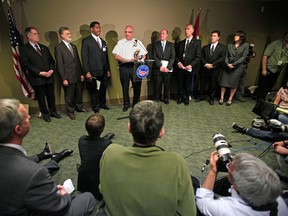 Cleveland Deputy Chief of Police Edward Tomba speaks at a press conference to discuss the three women who were found alive in the same home in Cleveland yesterday after having been missing for almost a decade May 7, 2013 in Cleveland, Ohio. Amanda Berry, who went missing in 2003, Gina DeJesus, who went missing in 2004, and Michelle Knight, who went missing in 2002, were all found alive in the same house in Cleveland on Monday. Three suspects, all brothers, were taken into custody. (Photo by Bill Pugliano/Getty Images)