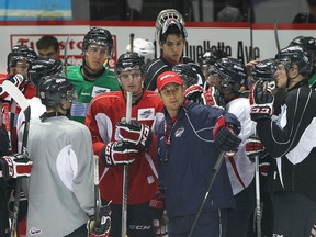 Spits coach Bob Boughner instructs players at the WFCU Centre in training camp last year. (JASON KRYK/The Windsor Star)