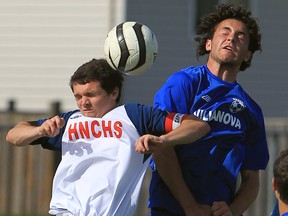 Villanova's Bruno Ujevic , right, and  Benjamin Stone of Holy Names battle for the ball in high school boys socceer. (JASON KRYK/ The Windsor Star)