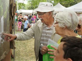 Ches Reid, left, and Joan Reid try to find hidden objects in the art work of Blake Richardson at Art in the Park in Willistead Park, last year.   (DAX MELMER/The Windsor Star)