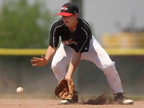 Windsor's Casey Boutette fields a ball hit to second base during under-18 action between the Selects and the Southern Ontario Blue Jays at Mic Mac Park Sunday, May 19, 2013.  (DAX MELMER/The Windsor Star)