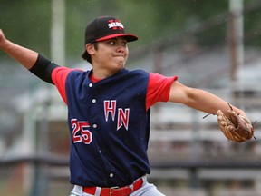Holy Names starter Rex Romero delivers pitch to a Villavona batter in second inning of the WECSSA boys baseball final at Cullen Field May 27, 2013. The Knights won 13-8. (NICK BRANCACCIO/The Windsor Star)