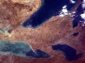 Tonight's Finale: Huron, Erie and Ontario - Great Lakes in Spring flow.