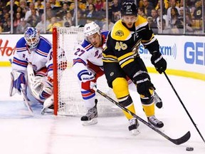 Boston's David Krejci, right, carries the puck around the net in front of New York's Ryan McDonagh in Game 1of the Eastern Conference Semifinals May 16, 2013 at TD Garden in Boston. (Jared Wickerham/Getty Images)