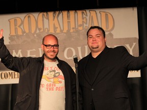 Managing partner Joshua Haddon and owner Dave Krndija pose onstage at The Comedy Quarry, the new comedy club which opens this weekend. (JASON KRYK / The Windsor Star)