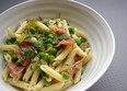 To maintain muscles and bones, you need carbohydrates and vegetables along with protein. A  pea, prosciutto and pasta salad does the trick.