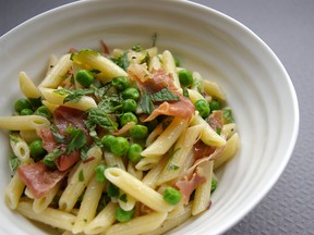 To maintain muscles and bones, you need carbohydrates and vegetables along with protein. A  pea, prosciutto and pasta salad does the trick.