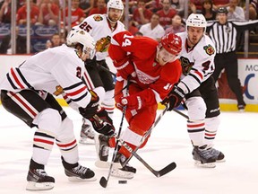In this file photo, Detroit's Gustav Nyquist, centre, tries to split the defence of Niklas Hjalmarsson, rtight, and Duncan Keith of the Chicago Blackhawks during Game 3 of the Western Conference semifinal at Joe Louis Arena May 20, 2013 in Detroit. (Gregory Shamus/Getty Images)