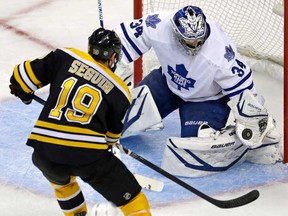 Leafs goalie James Reimer, right, makes a save on Boston's Tyler Seguin during Game 5 of the first-round playoff series in Boston Friday, May 10, 2013. (AP Photo/Charles Krupa)