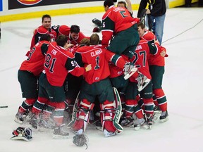 The Halifax Mooseheads celebrate their victory over the Portland Winterhawks in the 2013 Memorial Cup final in Saskatoon, Sask., on Sunday, May 26, 2013. THE CANADIAN PRESS/Derek Mortensen