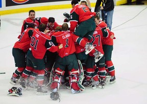 The Halifax Mooseheads celebrate their victory over the Portland Winterhawks in the 2013 Memorial Cup final in Saskatoon, Sask., on Sunday, May 26, 2013. THE CANADIAN PRESS/Derek Mortensen