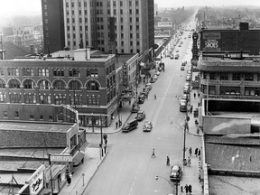 The intersection of Ouellette Avenue and University Avenue looking south on March 23, 1953. The old Palace Theatre can be seen in the center of the image. (FILES/The Windsor Star)