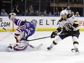 Boston's Tyler Seguin, right, is stopped by Rangers goalie Henrik Lundqvist during Game 3 of the Eastern Conference semifinal Tuesday, May 21, 2013, in New York. (AP Photo/Seth Wenig)