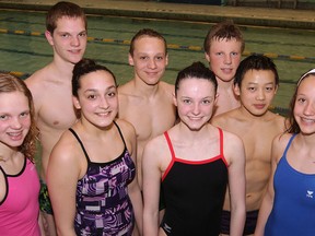 file photo of local swimmers participating in the 2013 International Children's Games in August are Madeleine McDonald, left, Aaron Norg, Rachel Rode, Ethan Fazekas, Zoe Mercier, Nicolas Dalla Bona, Leon Ouyang and Kendra Polewski. (DAN JANISSE / The Windsor Star)