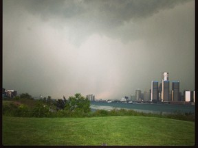 Imminent thunderstorm interrupting my dog walk. 5:41pm May 30, 2013 Detroit skyline near Hall Avenue ~ Angela Rocheleau Angela Rocheleau